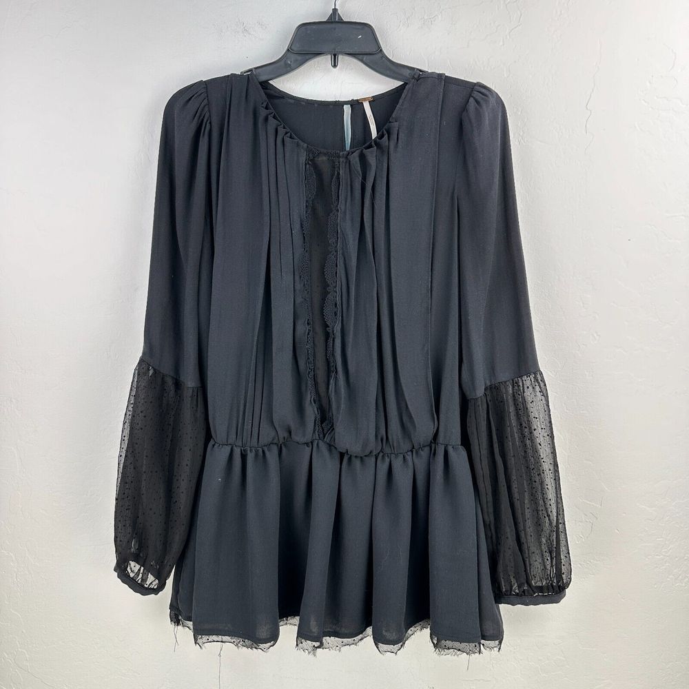 Free People The Soul‎ Serene Top Womens XS Black Ruffle Pleated Boho Long Sleeve